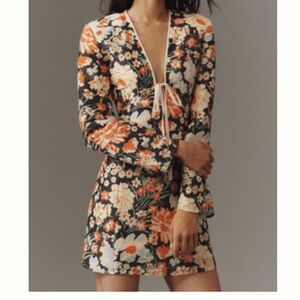 LOVAAN ISLA LINEN-SILK LONG-SLEEVE V-NECK MINI DRESS